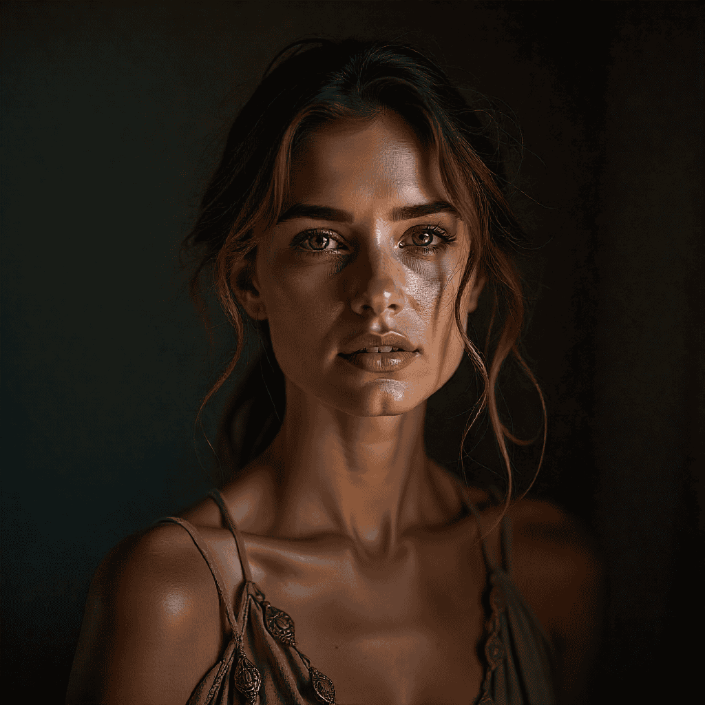 Portrait set against illuminated cityscape